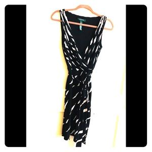 🔥LAUREN RL Blk& Wht print Faux Wrap dress 👗